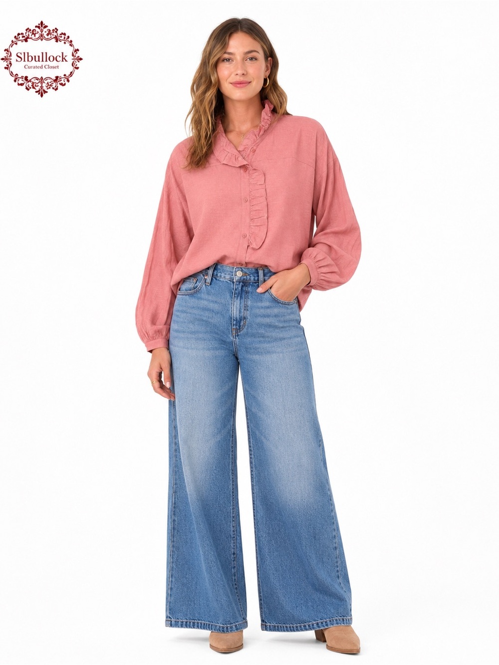 B11 Darling XL Dusty Rose Ruffle Collar Button-Up Blouse NWT